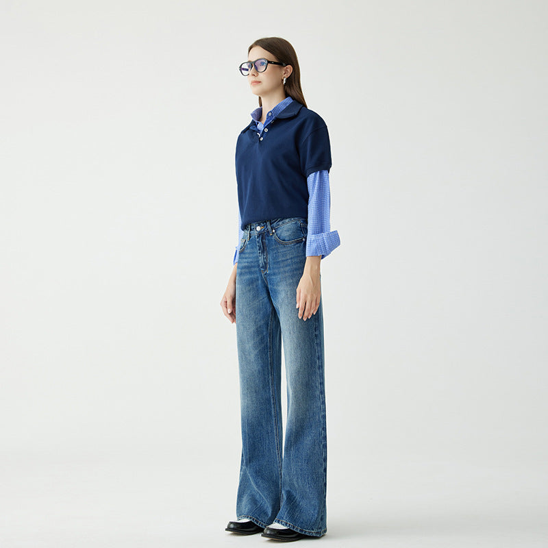 Women's Autumn High Waist Dark Gray-Blue Stretch Straight Jeans