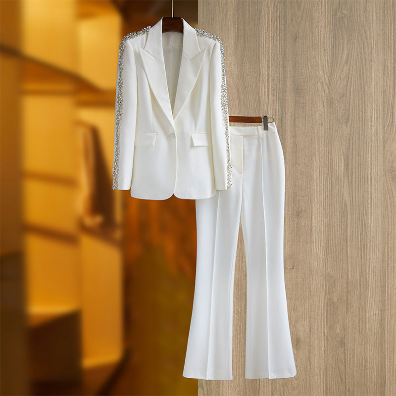 Medium Length Suit Coat with Wide Leg White Polyester Trousers