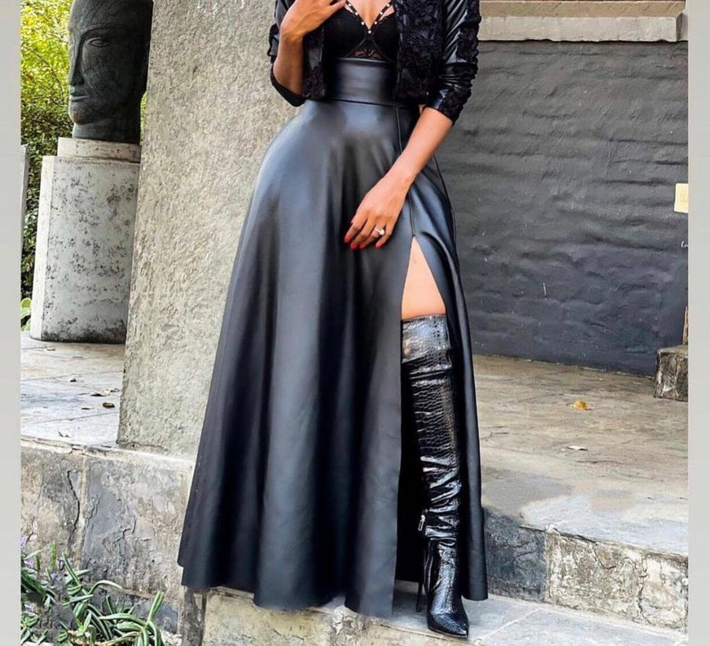 Women's High Waist Irregular Split PU Leather Skirt