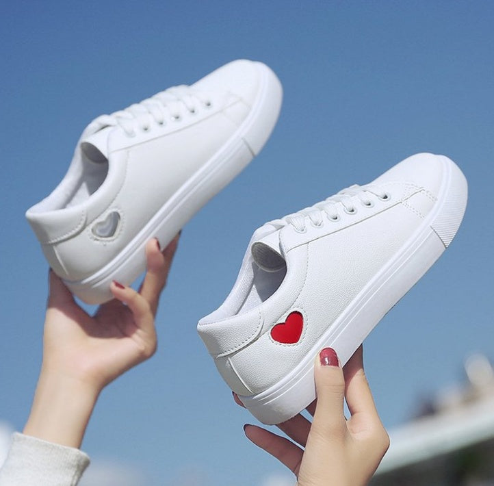 Women’s PU Leather Heart Flats Casual Breathable White Sneakers