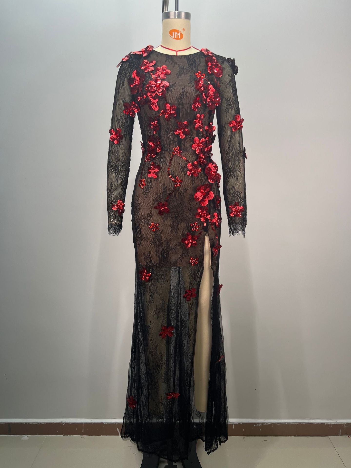 Round Neck Lace See-through Sequined Slit Slim-fitting Birthday Party Evening Dress