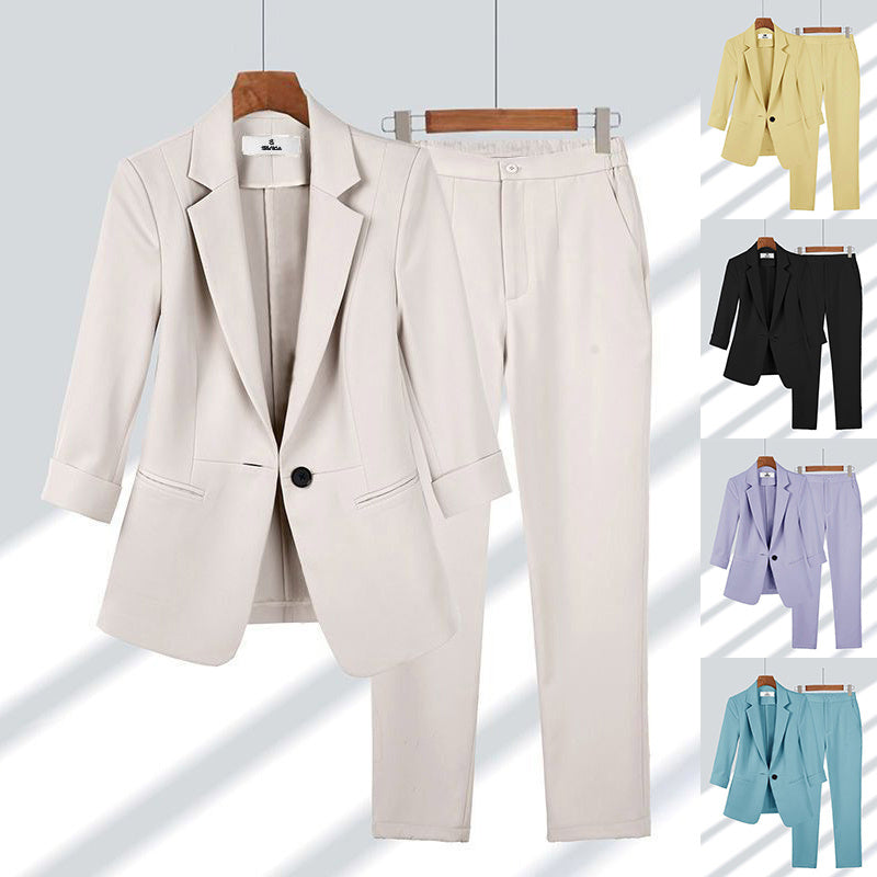 2pcs Women's Casual Blazer Set Solid Color Lapel Single-Breasted Jacket & Zipper Pants Office Suit