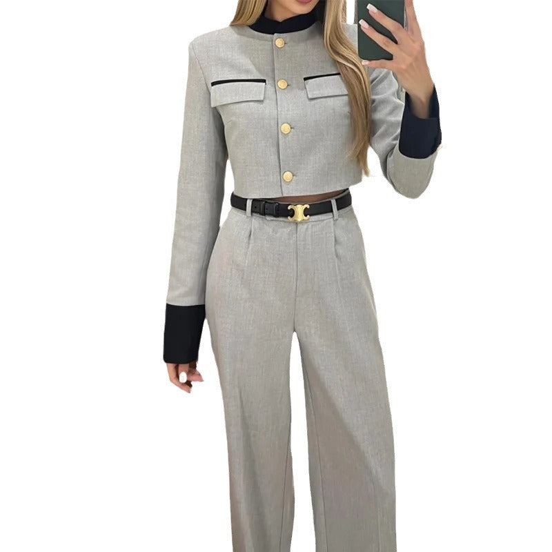 Ensemble pantalon large gris élégant en polyester pour femme