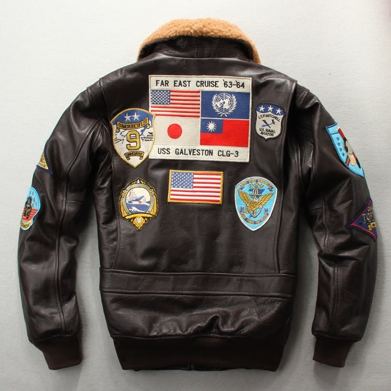 Blouson de moto court en cuir de vachette brodé pour homme
