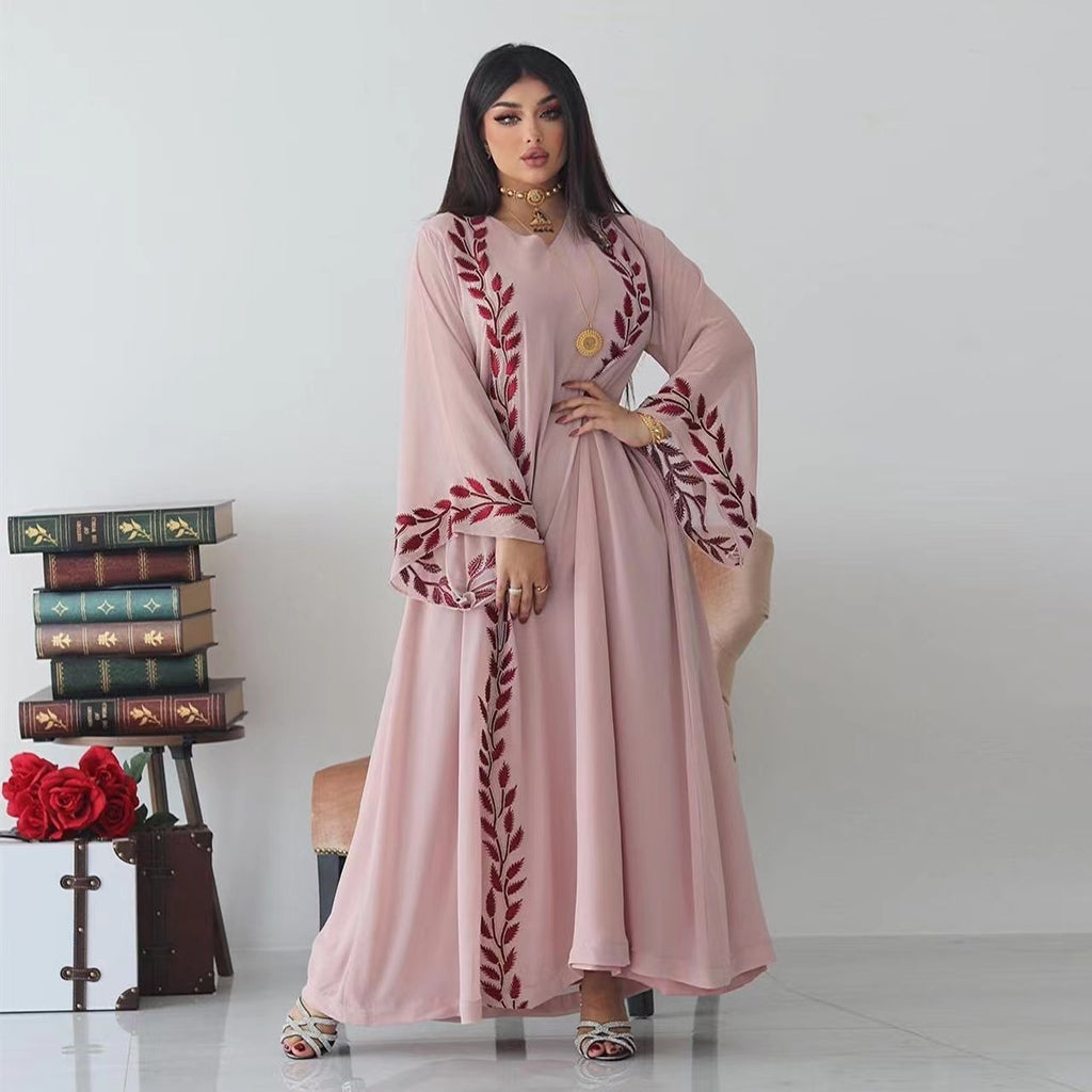 Elegant Pink Embroidered V-Neck Muslim Women's Dress with Headband