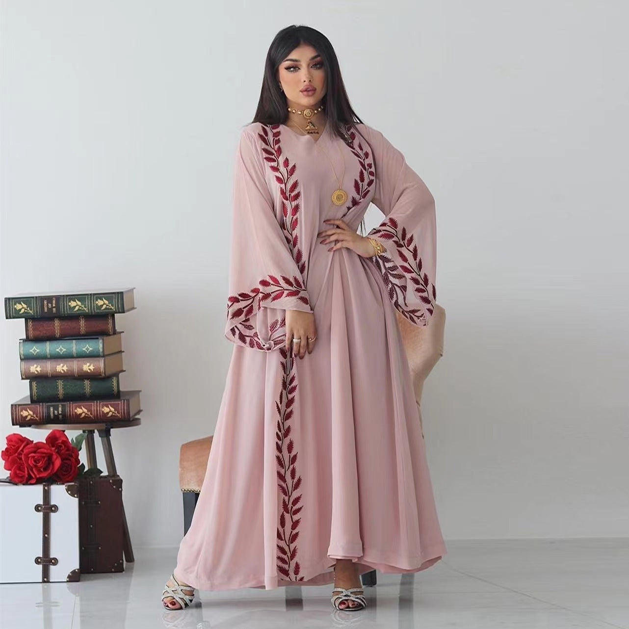 Elegant Pink Embroidered V-Neck Muslim Women's Dress with Headband