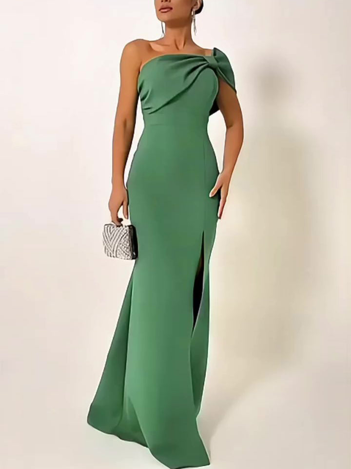 Green Bow Tube Top Maxi Evening Dress Polyester Slim Fit