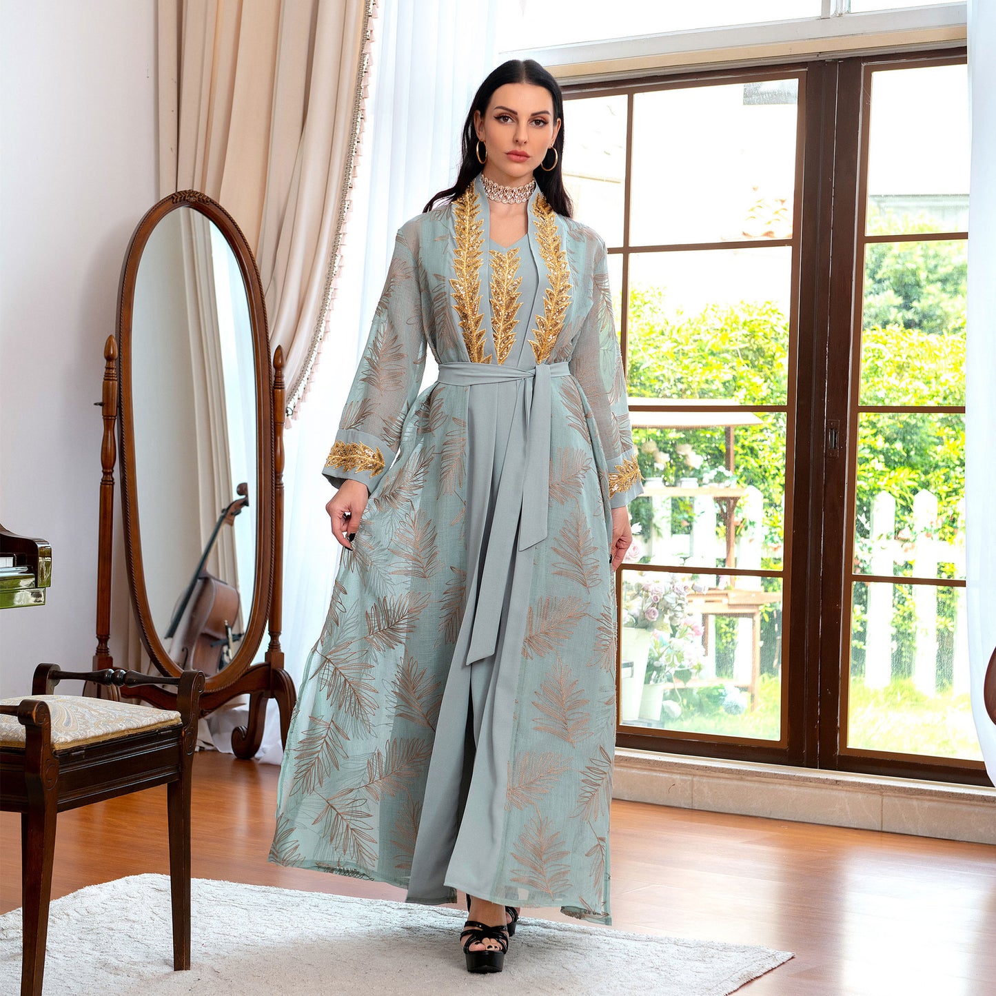 Muslim Ladies Evening Dress Lace-up Skirt Suit Robe