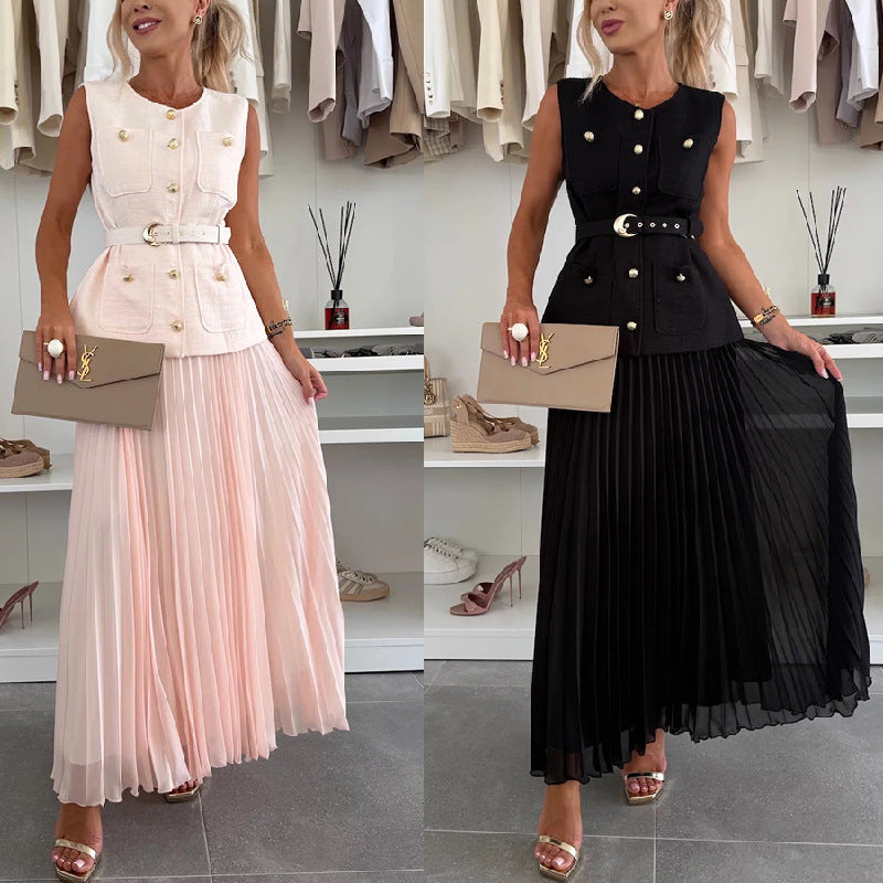 Sleeveless Chanel-Inspired Vest & Mesh Pleated Skirt Two-Piece Set