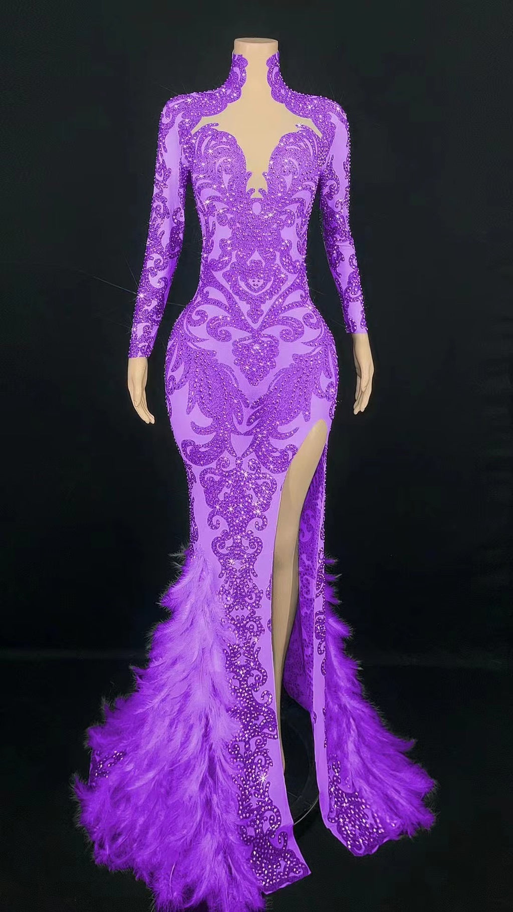 Women's Beaded Feather Long Tight Jumpsuit Dress