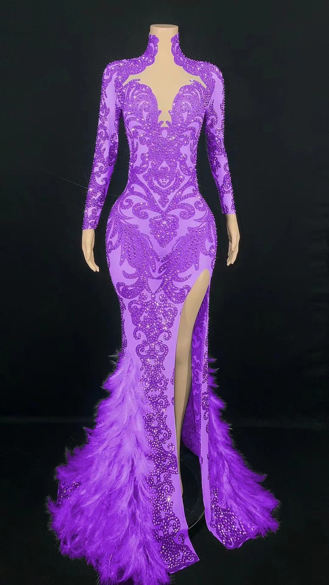 Women's Beaded Feather Long Tight Jumpsuit Dress