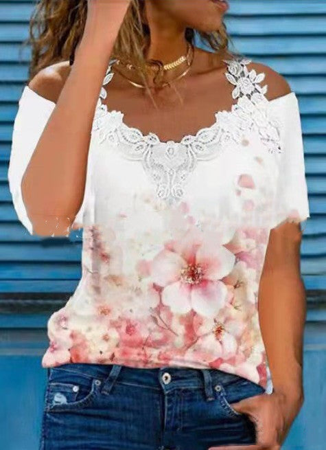 V Neck Lace Shoulder Short Sleeve Casual Top