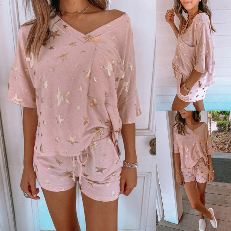 Ensemble de pyjama rose à manches courtes et imprimé étoile à cinq branches pour femme
