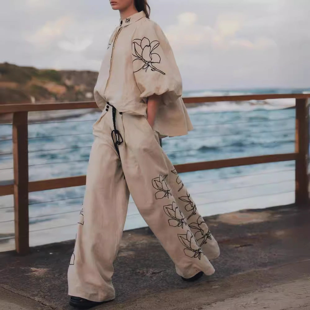 Cotton Linen Embroidered Wide-Leg Pants Suit with Puff Sleeve Top