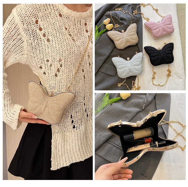 Butterfly Stripe Clipped Button Metal Chain Bag for Women