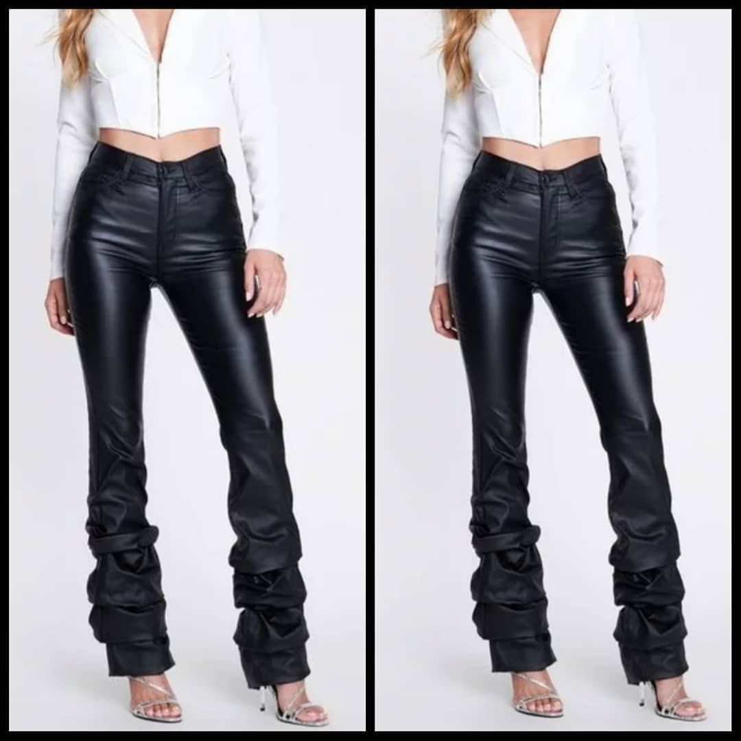 PU Leather Pendant Hem Long Trousers for Women