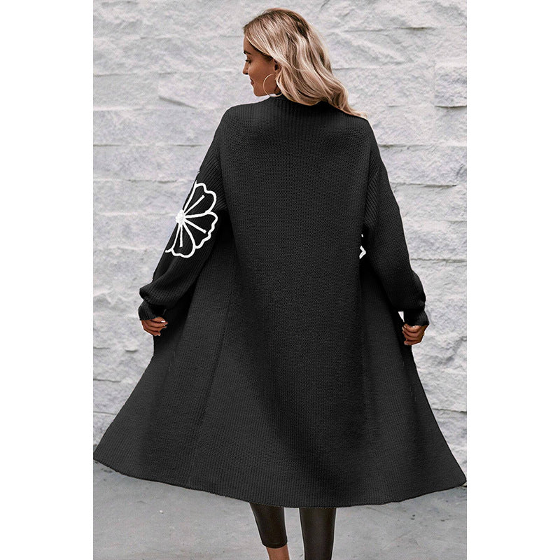 Women's Medium-Length Flower Embroidered Cardigan Sweater