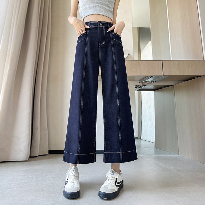 High-Waist Wide-Leg Denim Ankle Pants for Women with Double Stitching