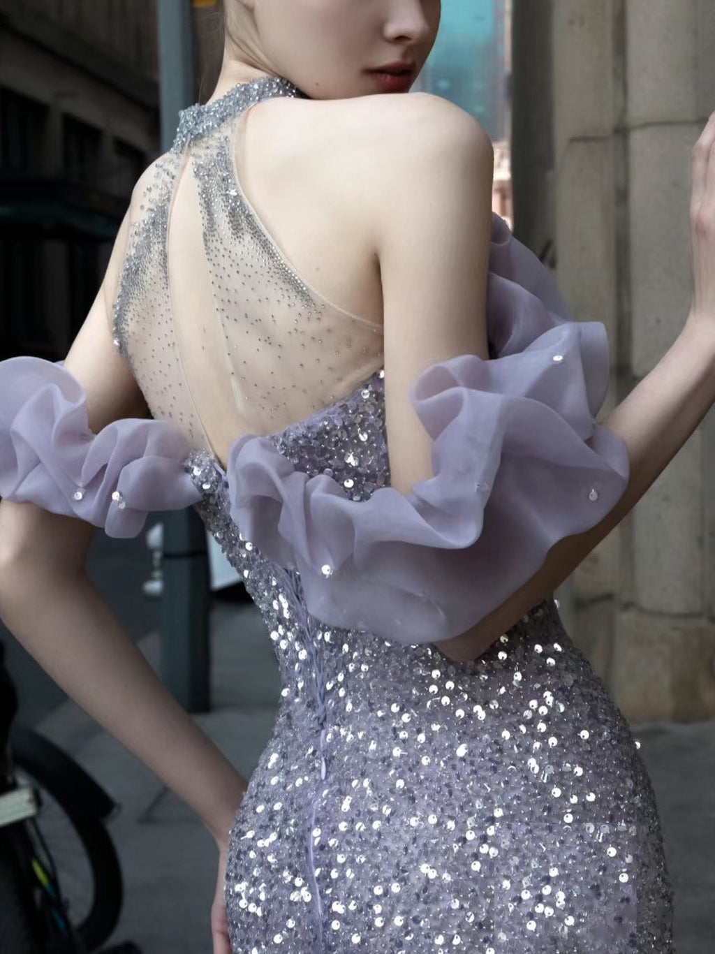 Purple Beaded Starry Sky Halter Fishtail Dress for Annual Meeting