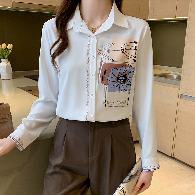 Western Style White Chiffon Long Sleeve Printed Shirt for Women