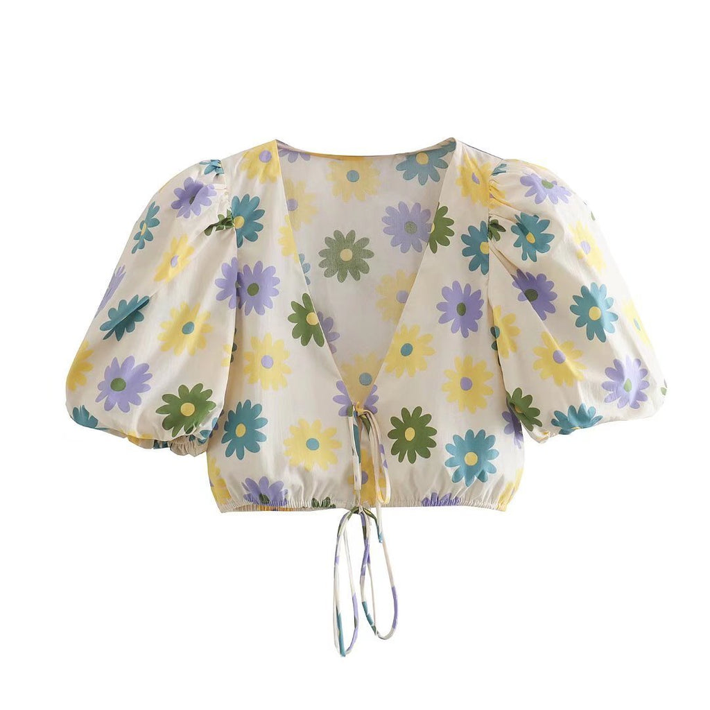 Floral Print Puff Sleeve Cropped Tie Collar Top