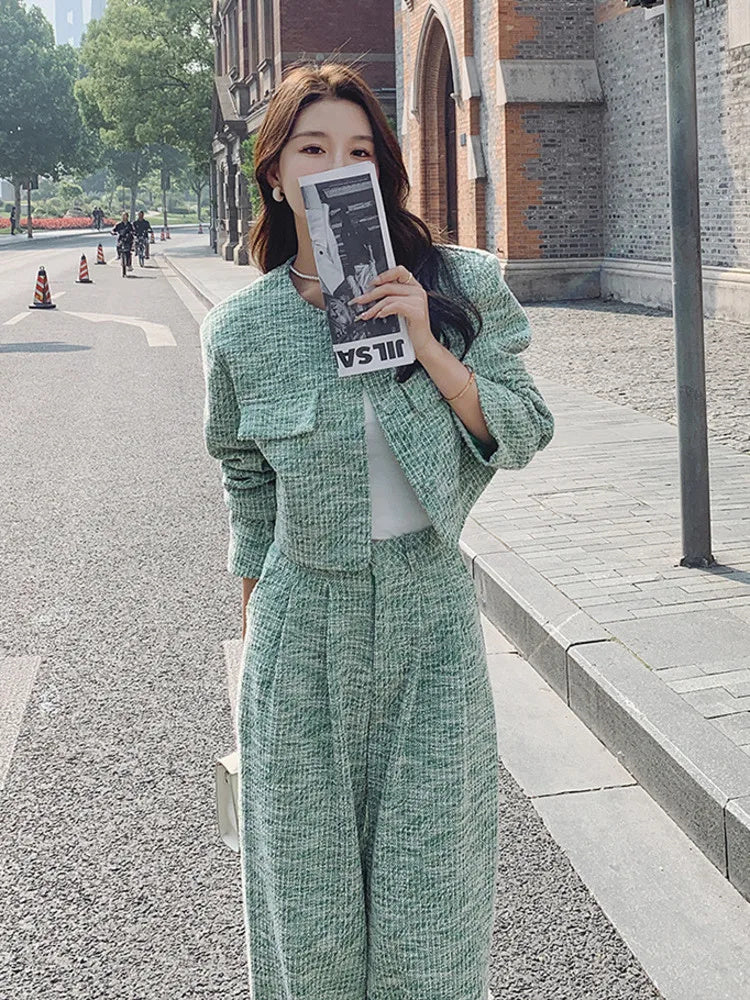 Green Acrylic Casual Suit for Women Autumn Flight Sleeve S-XL