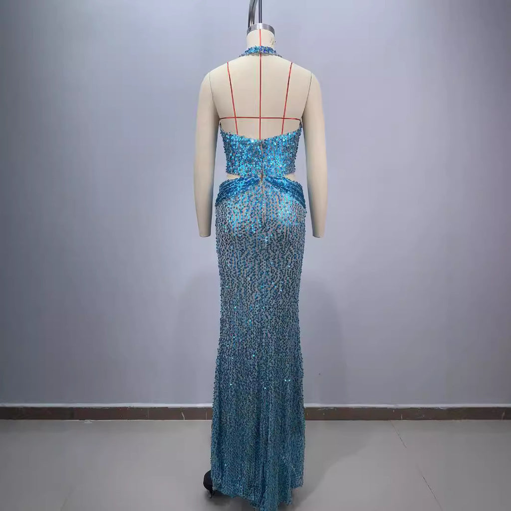 Sky Blue Halter Deep V-Neck Slimming Sequin Evening Dress S-L