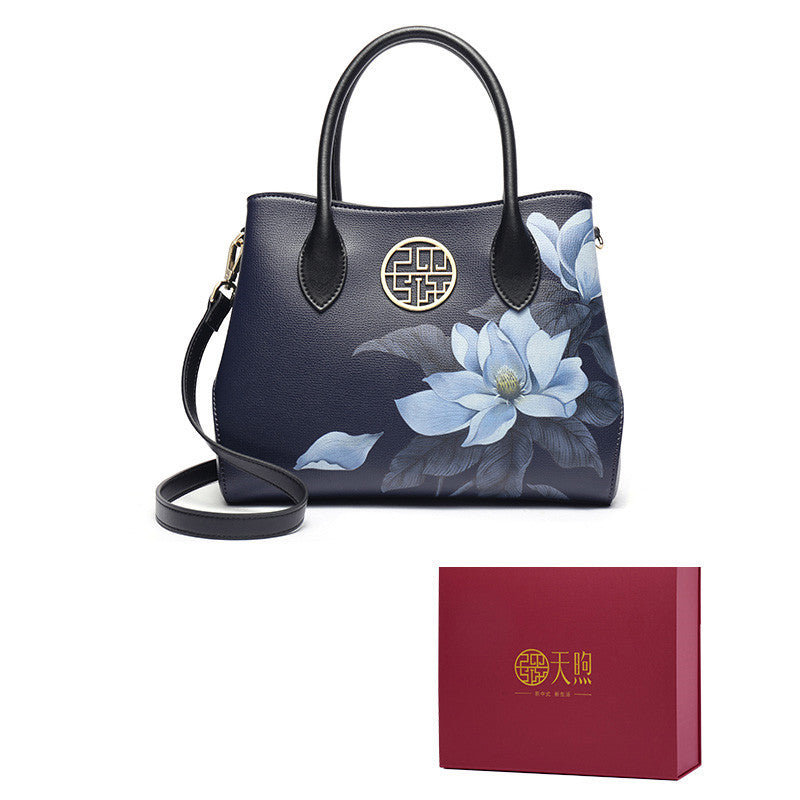 Women's Stylish Cow Leather Handbag with Floral Design and Zipper Closure