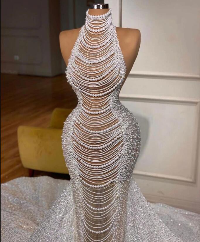 High-Waisted Milky White Fishtail Dress with Pearl Beads for Ladies