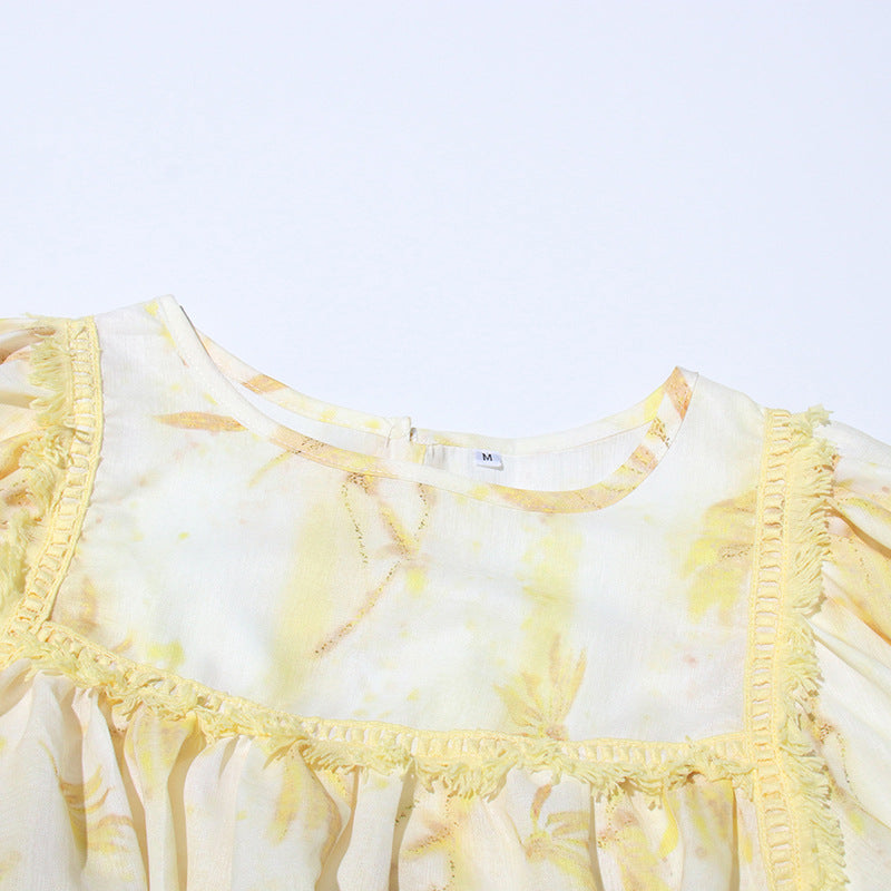 Women’s Fashion Floral Ruffles Skirt Suit with Lantern Sleeves