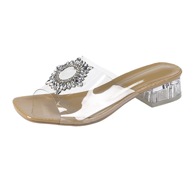 Sandales femme à talon mi-haut, avec cristaux et bout ouvert