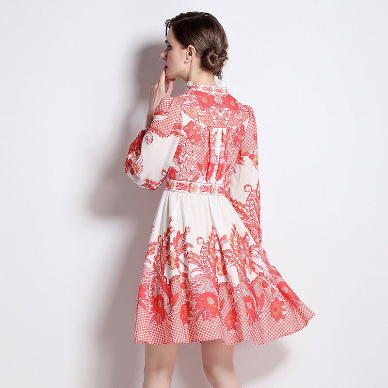 Women's Red Retro Print Lantern Sleeve Mid Dress