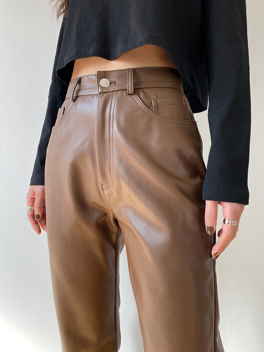 Brown PU Leather High Waist Slim Fit Straight Leg Pants with Cashmere