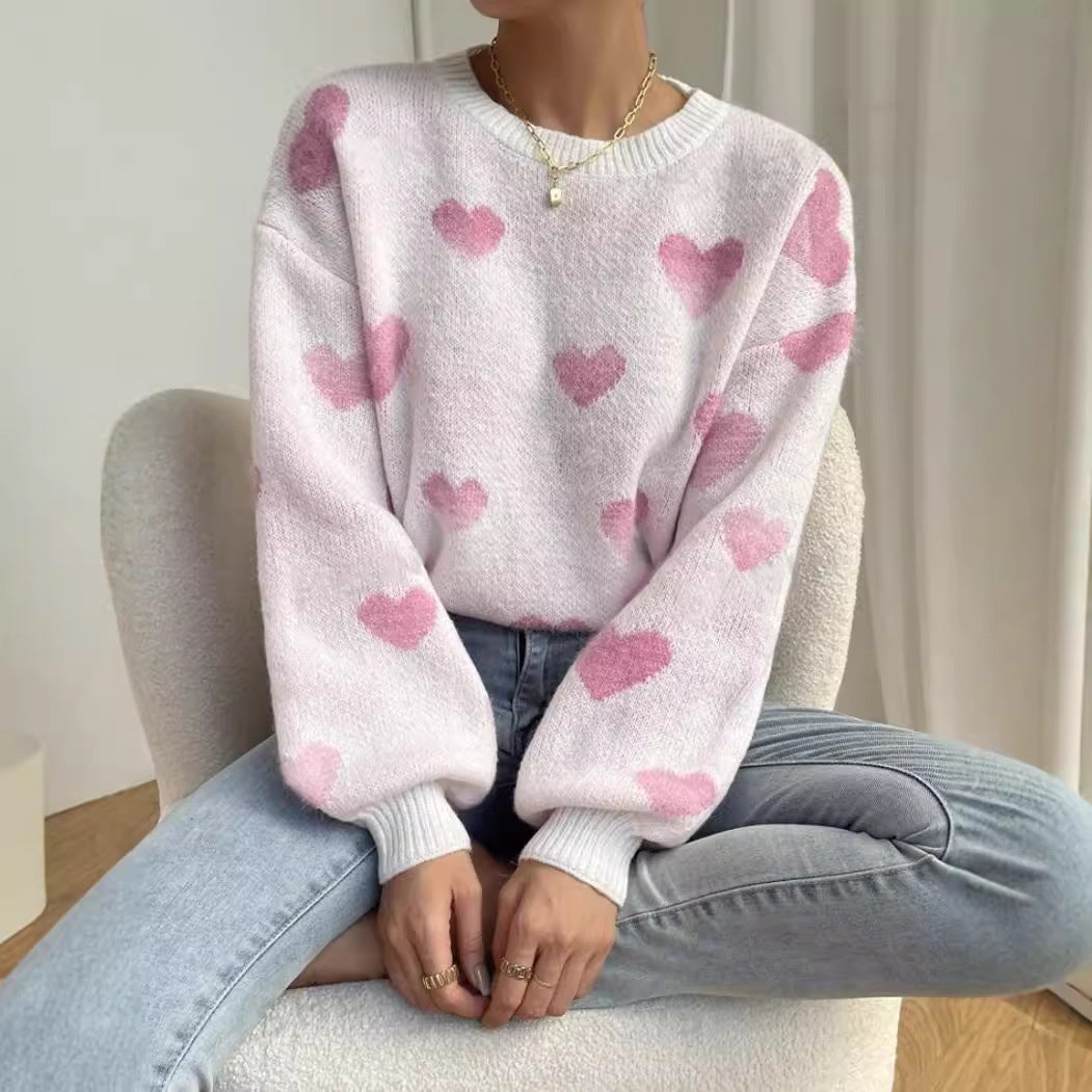 Love Contrast Color Round Neck Loose Casual Pullover Long Sleeve Sweater