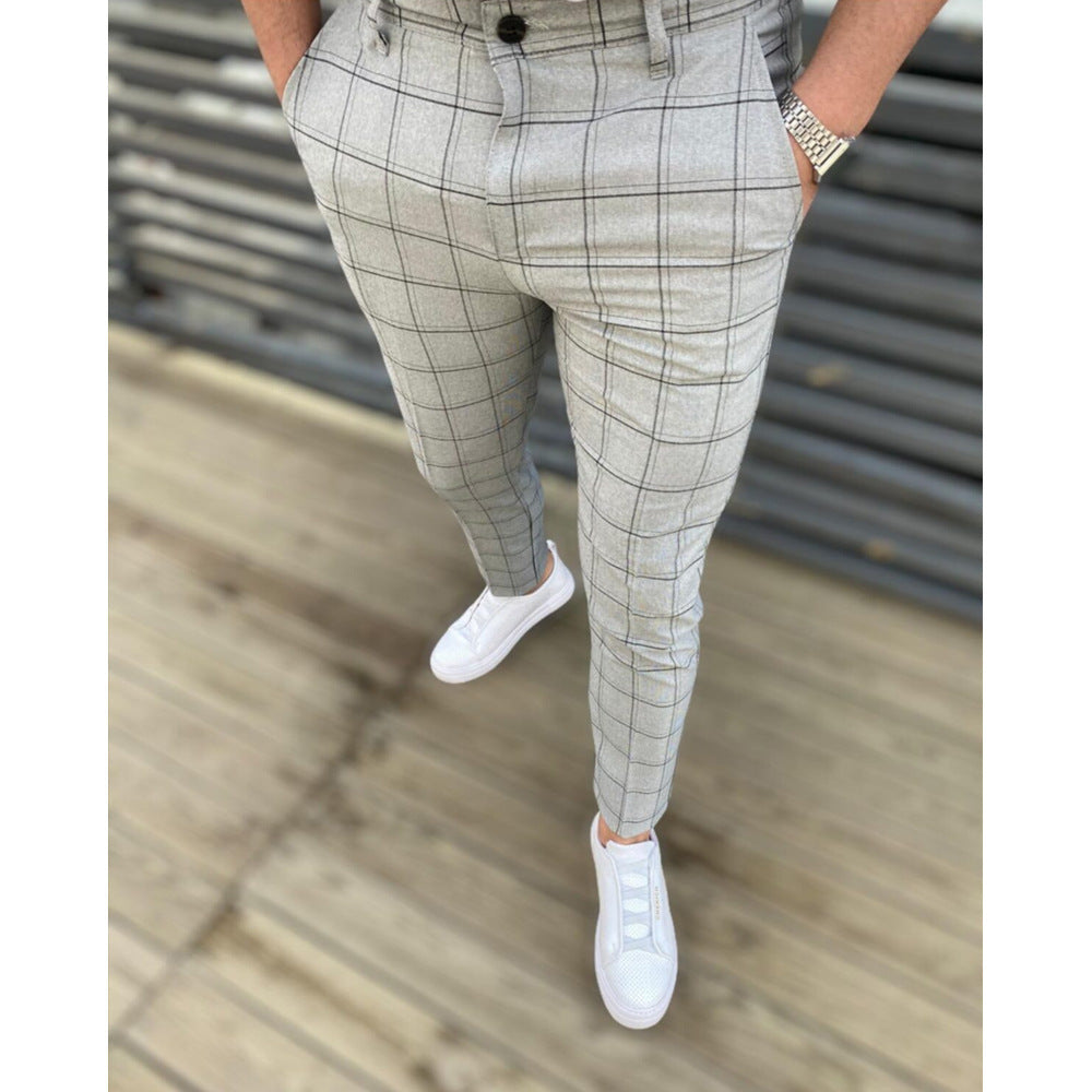 Men's Mid Waist Plaid Casual Tapered Trousers