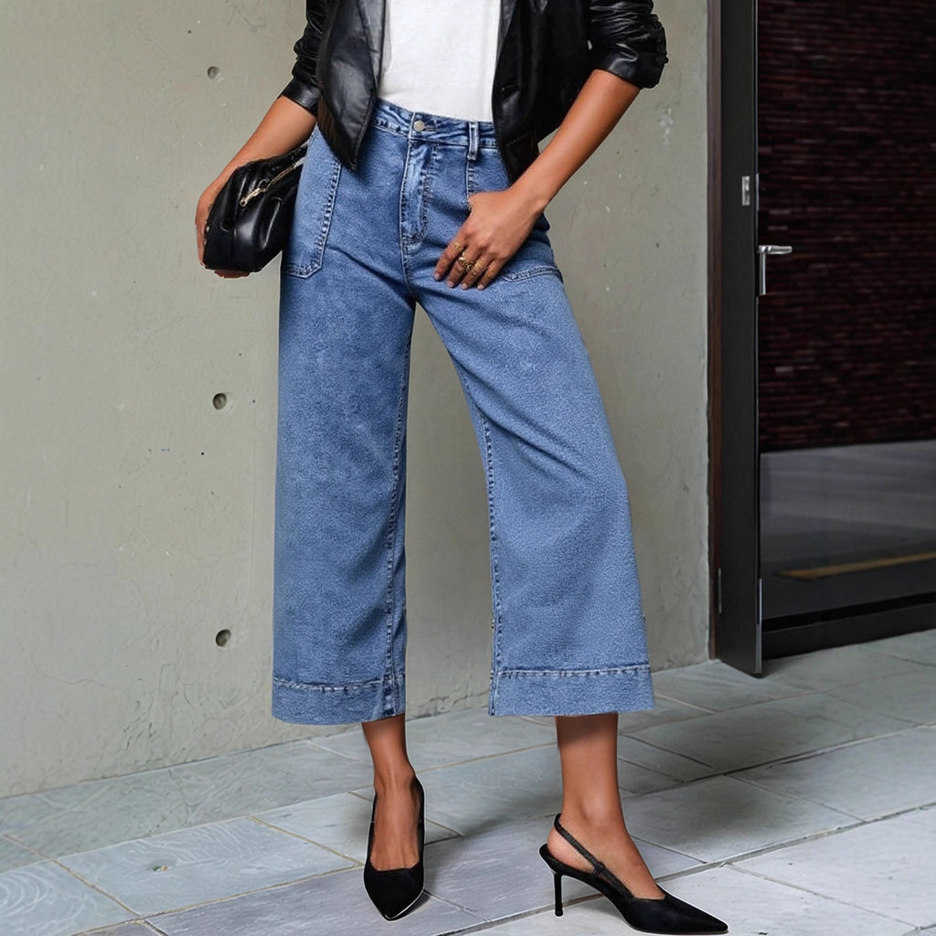 Pantalon large court amincissant taille haute à la française bleu foncé