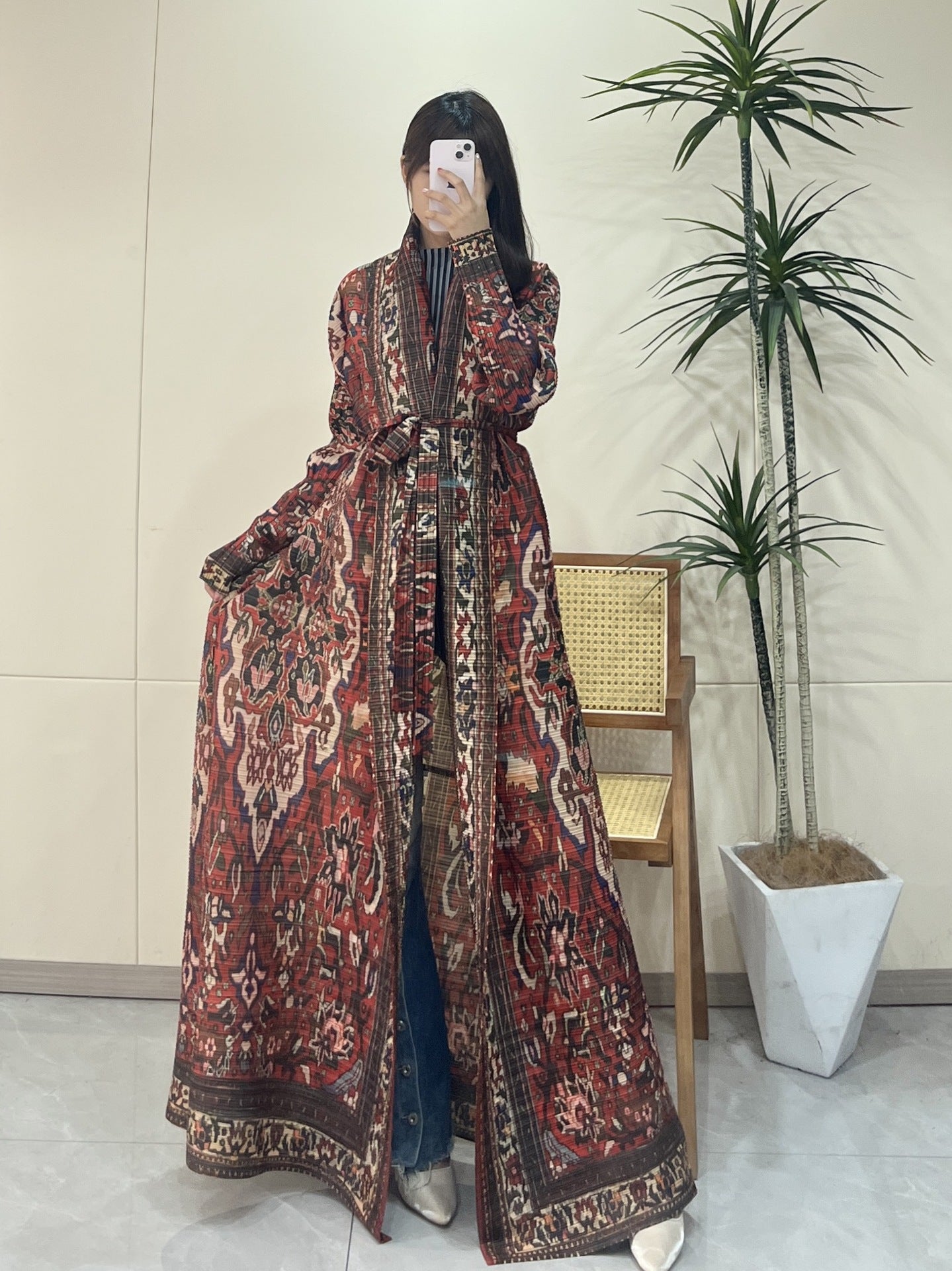 Pleated Print Fashionable All-match Lace-up Loose Arabian Abaya Robe