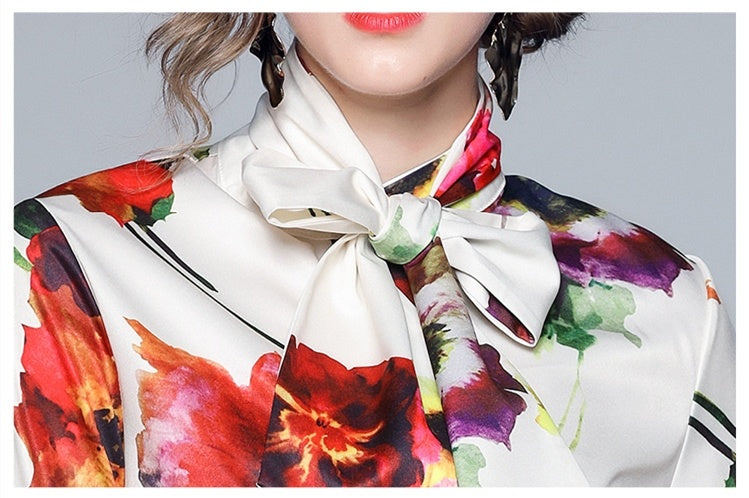 Women's White Long Sleeve Shirt with Bow Ribbon Print
