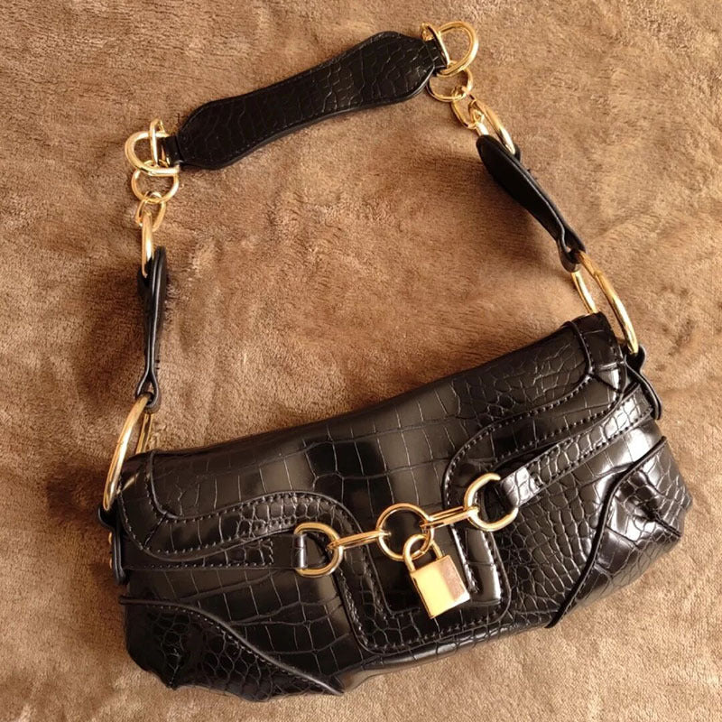 Petit sac baguette d'aisselle à cadenas, motif vintage et chaîne