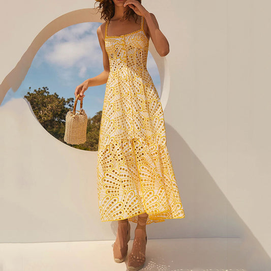Women's Spaghetti-strap Ruffle Embroidered Hollow Lace Dress