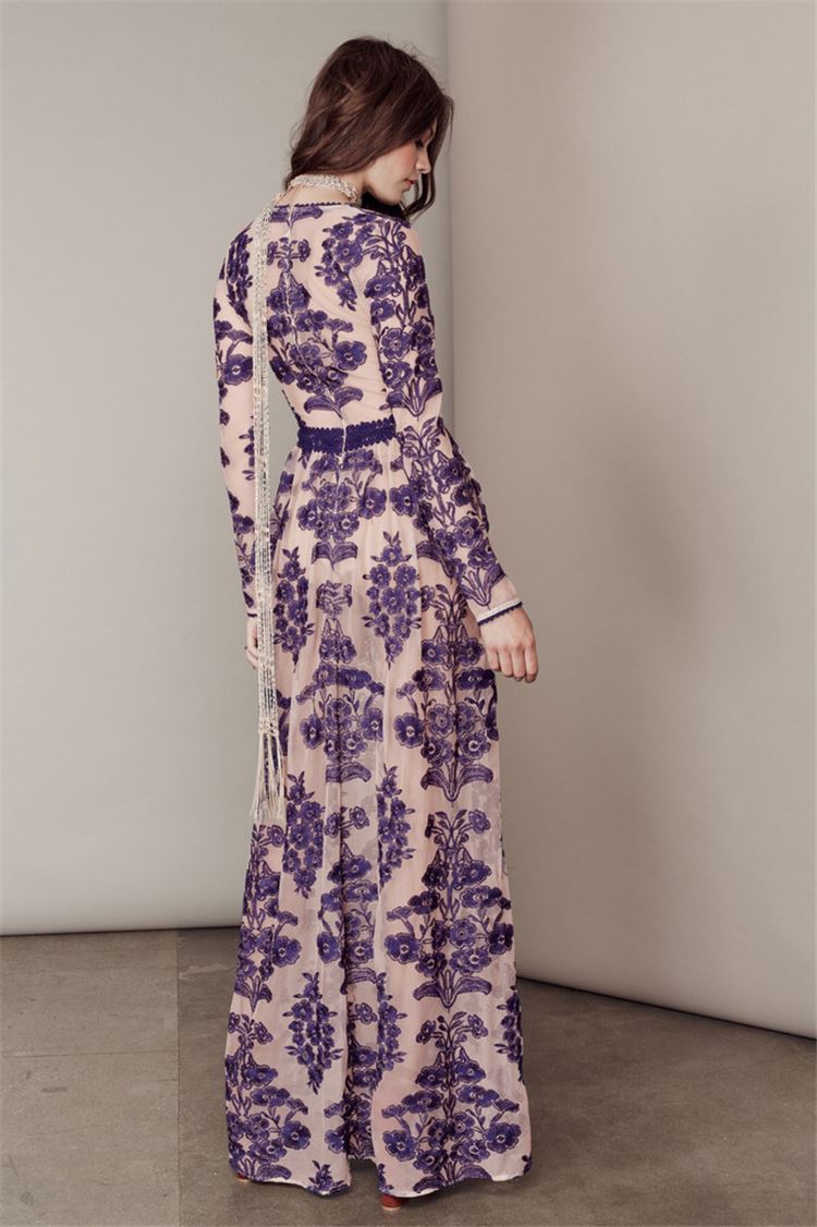 Blue Floral Embroidered Slim Deep V-Neck Dress