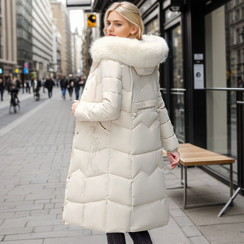 Winter Cotton-Padded Long Coat with Thick Fur Collar for Women