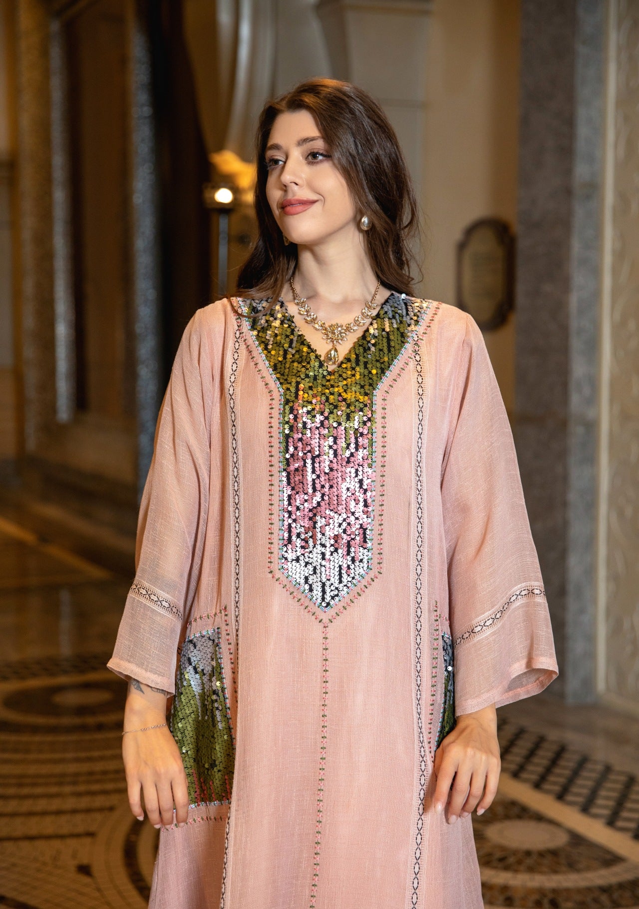 V-Neck Embroidered Sequin Arabian Women's Loose Dress