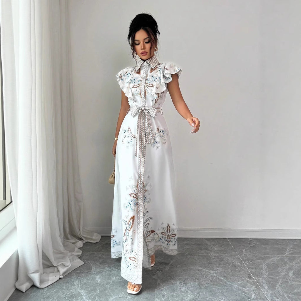Robe mi-longue pour femmes du Moyen-Orient, imprimée rétro, à manches longues, taille cintrée et col montant