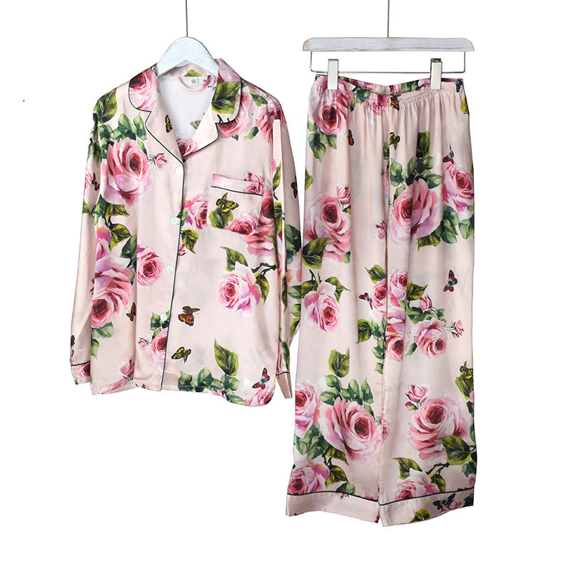 Ensemble Homewear Grande Taille en Soie de Mûrier Imprimée à Manches Longues
