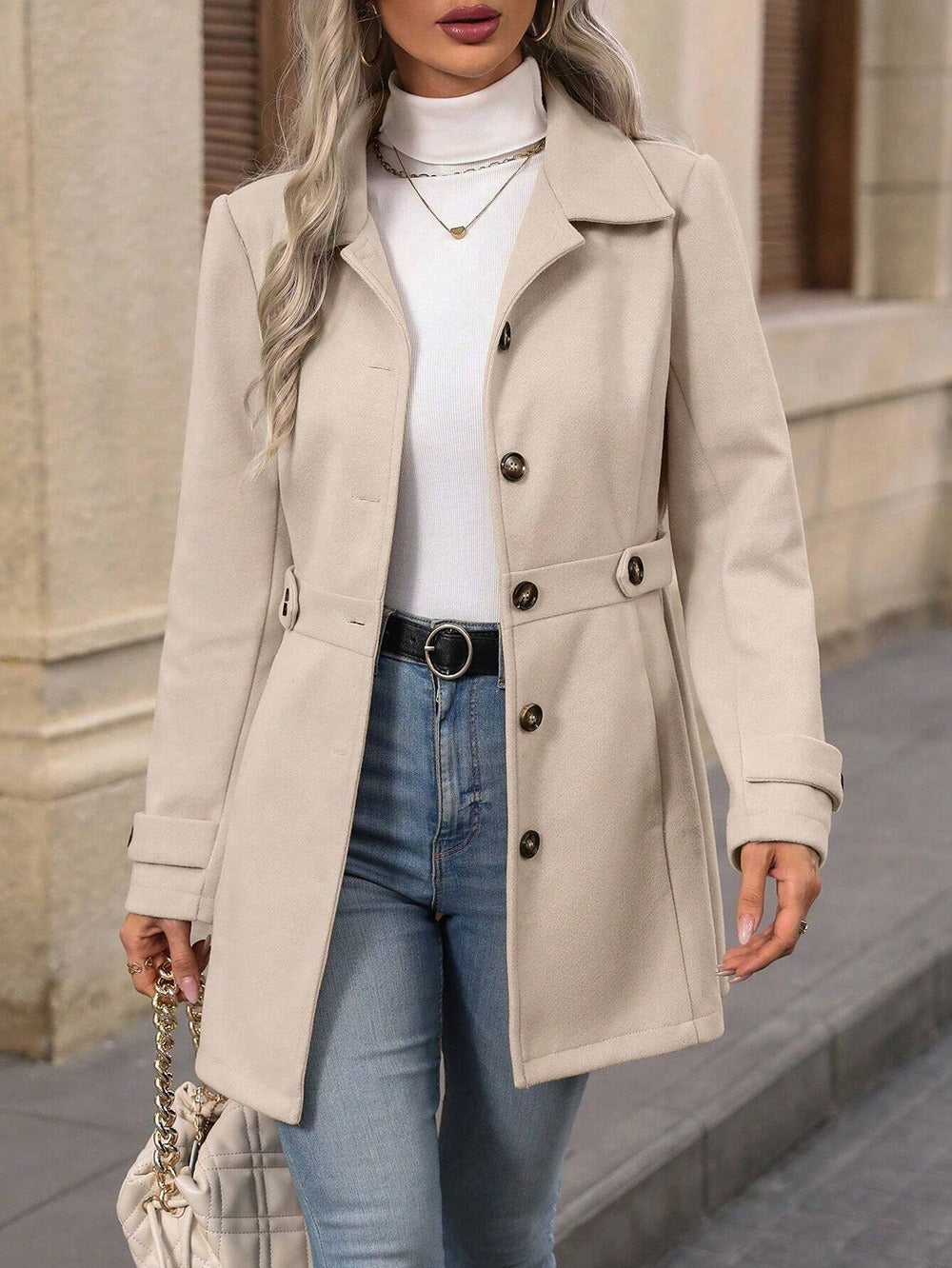 Elegant Single-Breasted Woolen Mid-Length Coat for Women with Buttons and Lapel