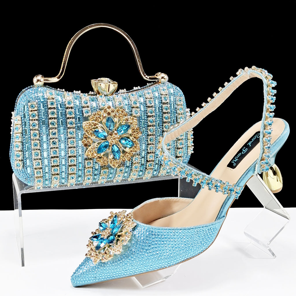 Sexy Women's High Heel Shoes and Bag Set with Rhinestones, Sizes 38-43