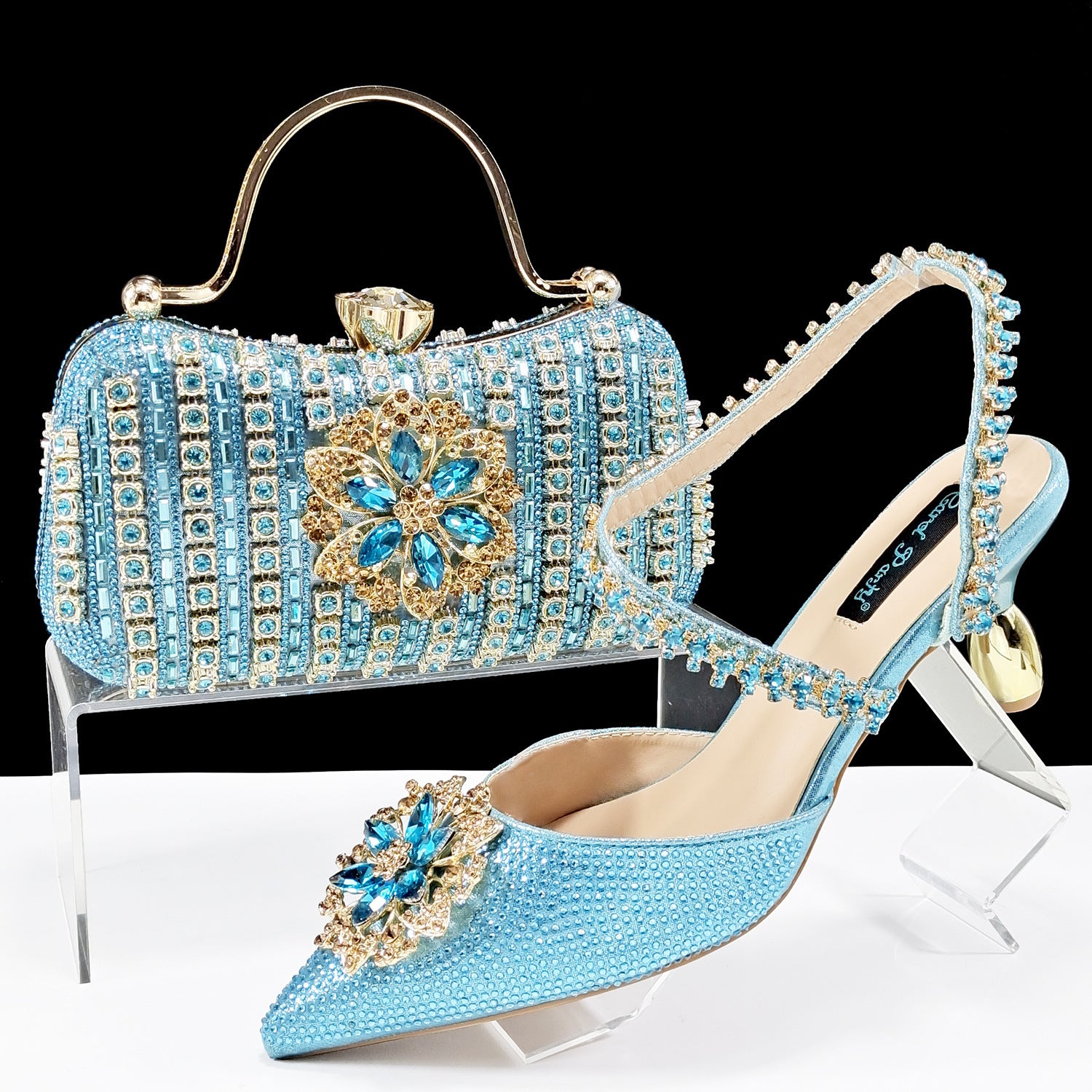 Sexy Women's High Heel Shoes and Bag Set with Rhinestones, Sizes 38-43