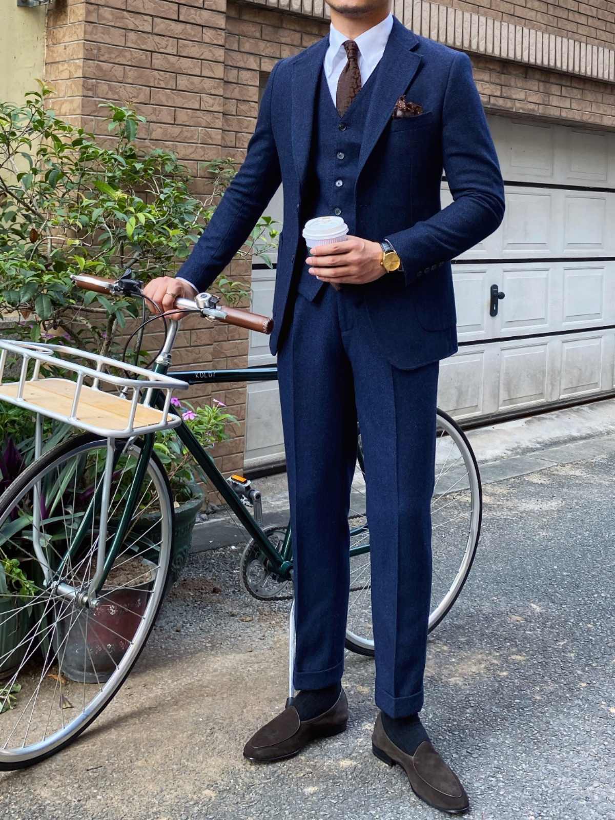 Retro Herringbone Wool Slim Fit Men's Suits