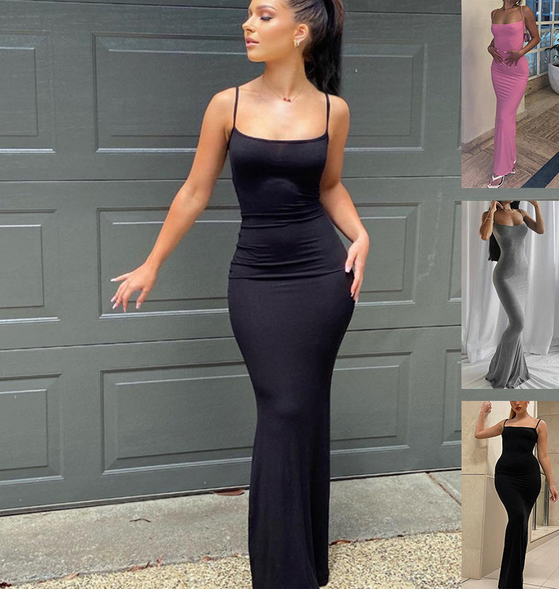 Robe longue moulante à fines bretelles pour femme, sexy, soirée, club, décontractée